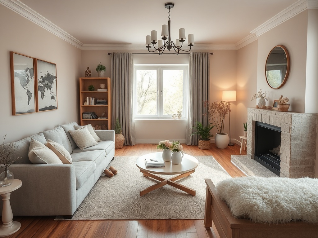 Современная гостиная с диваном, книжной полкой, камином и большими окнами, оформленная в светлых тонах.