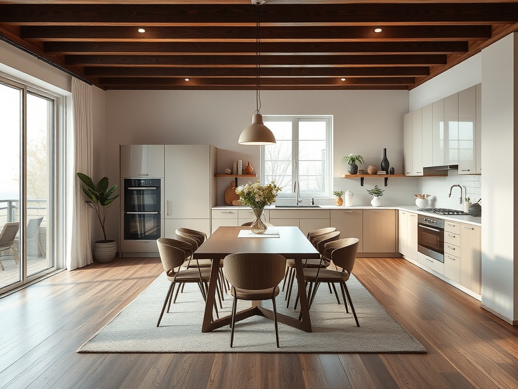 Современная кухня с деревянными потолочными балками, долговечными шкафами и столом на шести человек.