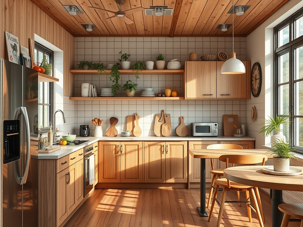 Современная кухня с деревянными шкафами, столом и множеством растений на полках. Светлое и уютное пространство.