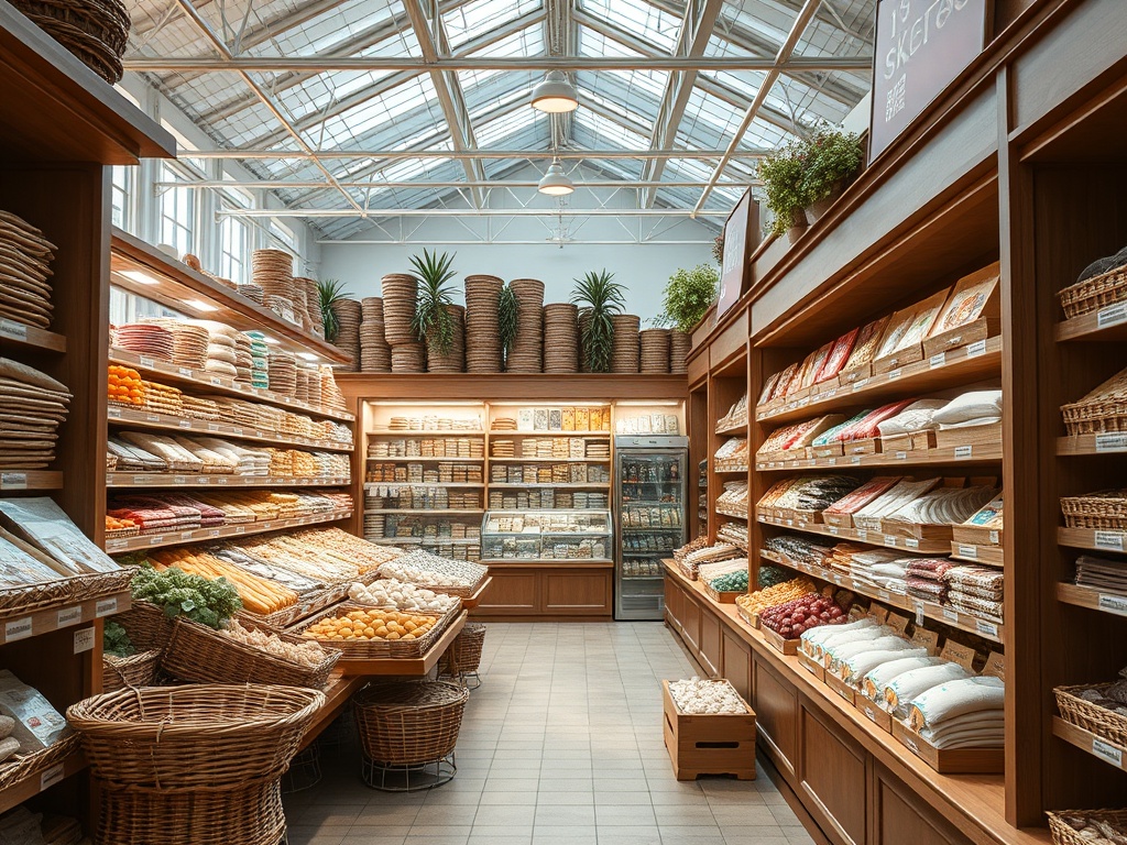 Светлый магазин, полки с продуктами, корзины с овощами и фруктами, растения на окнах. Дружелюбная атмосфера.