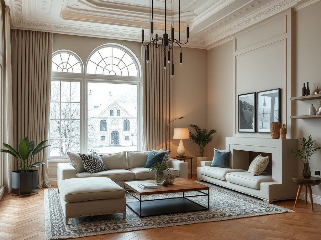 Современный интерьер гостиной с большими окнами, уютной мебелью и зелеными растениями.