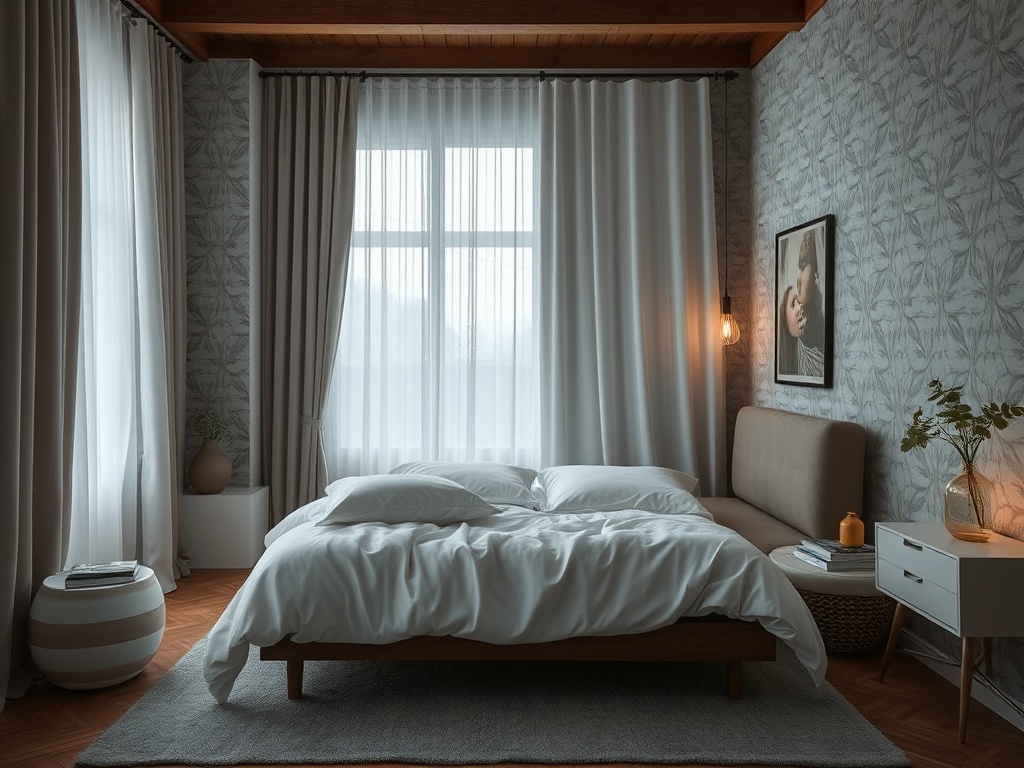 Современная спальня с большим окном, мягким освещением и уютной мебелью, создающая атмосферу спокойствия.