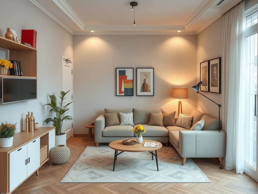 Современный светлый интерьер гостиной с уютным диваном, столиком и стильными картинами на стенах.