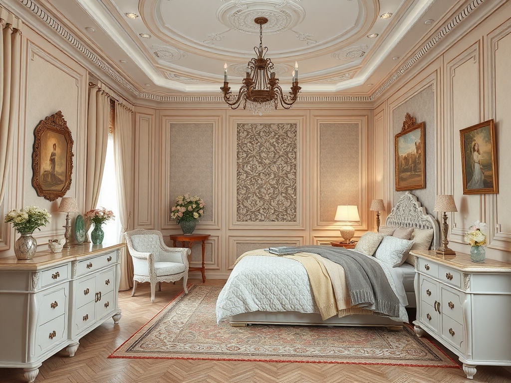 Элегантная спальня с белыми мебелью, мягким освещением и картинами на стенах. Уютная атмосфера и уютный интерьер.